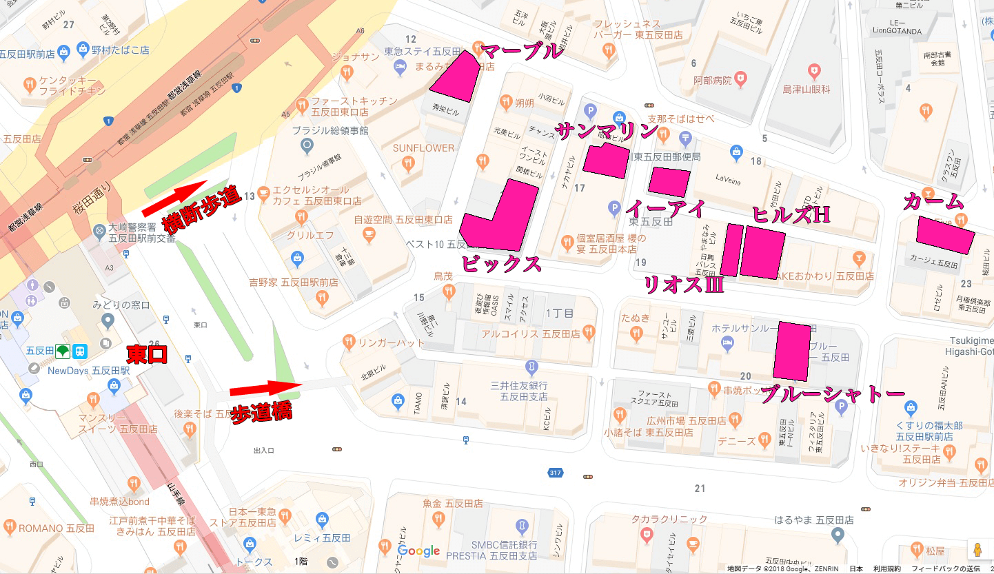 東五反田エリアのラブホテル位置図
